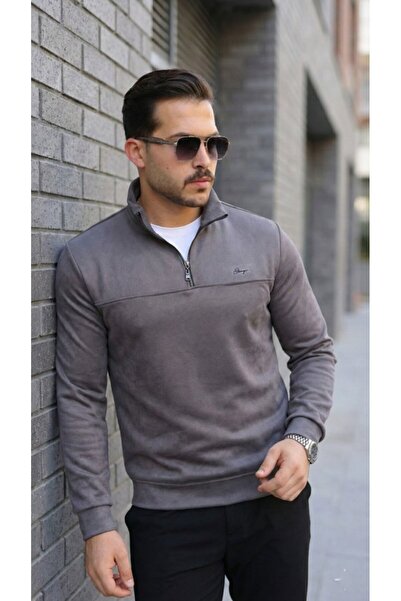 JANES Hanorac pentru bărbați din piele intoarsa cu jumatate de fermoar guler ...