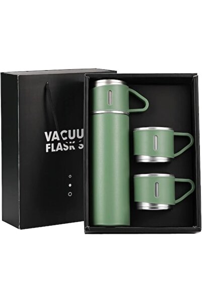OEM 500ml Stainless Steel Thermos with 3 Cups, Leak-proof, Hot/Cold Insulation 6h, Gift Set (Green)