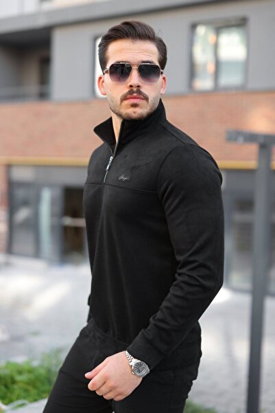 JANES Hanorac pentru bărbați din piele intoarsa cu jumatate de fermoar guler ...