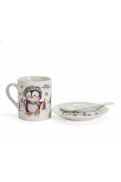 OEM Christmas Mug with Saucer and Spoon-Penguin