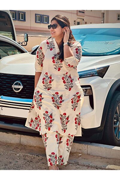 Ruh Collections Offwhite Red Petal Cotton Suit Set