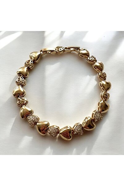 ALS Tasarım Dünyası Gold Color Steel Zircon Stone Heart Bracelet
