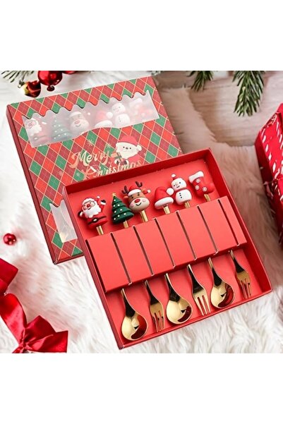 OEM Christmas Cutlery Set – 6 Gold Stainless Steel Spoons & Forks for Coffee and Dessert, Festive Gift