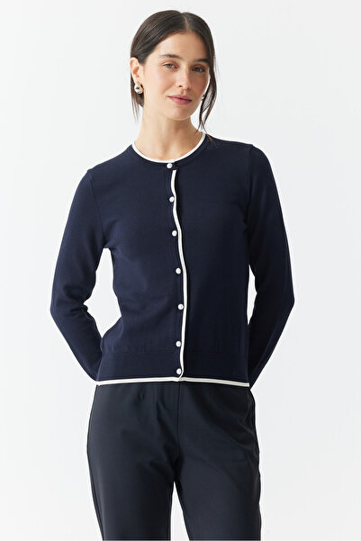 PAULMARK Women's Pique Knitted Band-Style Crocheted Cardigan with Circular Neckline Em1197