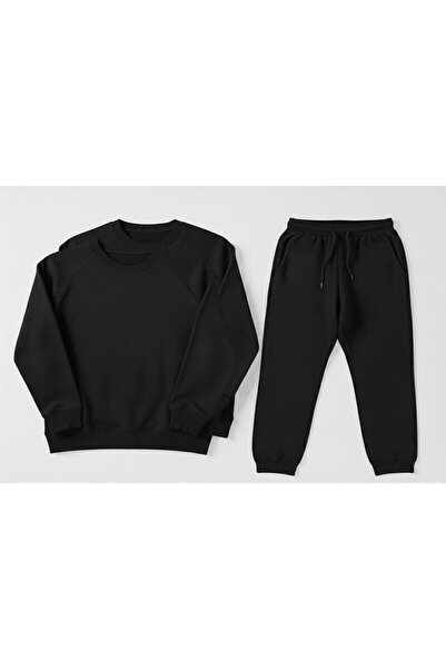 CAST COLLECTİON Men's Black Sweatpants Black Crew Neck 3-Piece Set