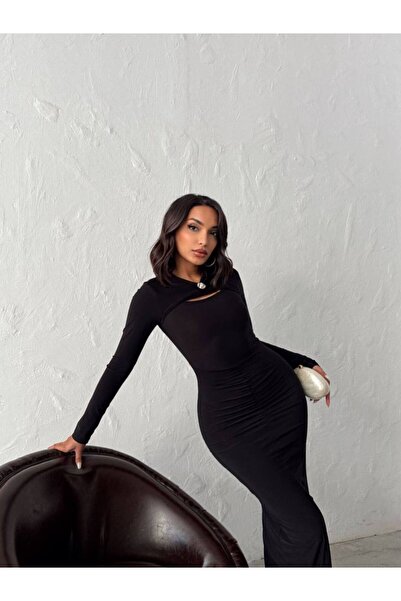 ELBEY Modern Kesim Göğüs Aksesusar Detaylı Drapeli Uzun Elbise