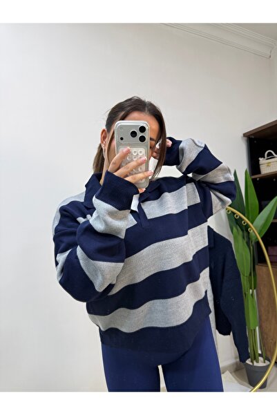 Mess Trend Tarzınla Fark Yarat Gray Navy Blue Striped Sweater