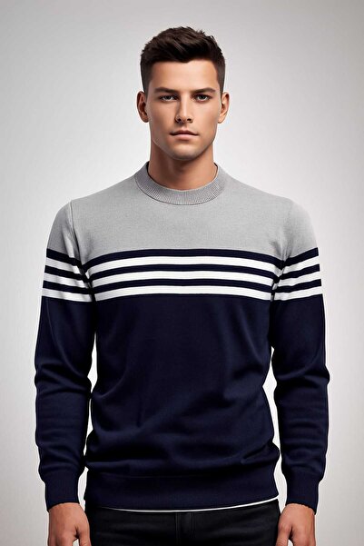 ANATOLIATEKSTILE Men's round neck sweater – Premium knit, contrasting stripes