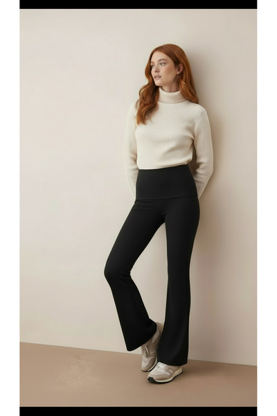 Grenj Fashion Black Brushed Soft Touch Fabric Waist Fold Detailed Flare/ Flared Knitted Trousers