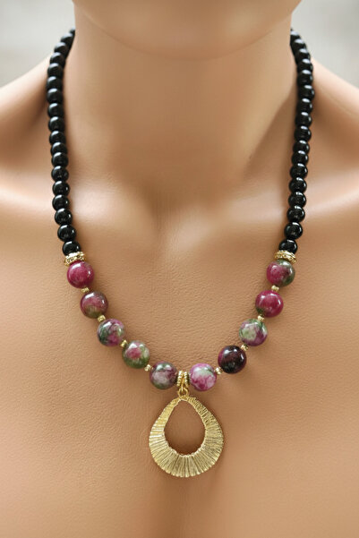 elinasaccessories Akik & Onyx Doğaltaş Kolye 14k Kaplama El Yapımı Enerji Bur...