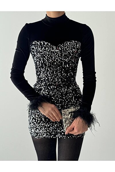 conconmoda Mini Kadife Tasarım Payet Elbise