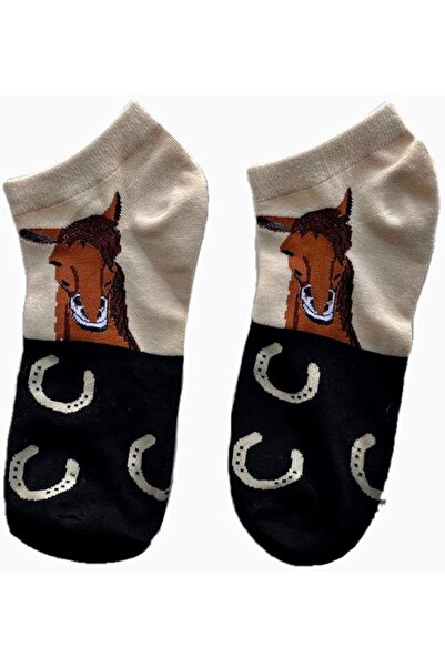 golden pineapple Short socks with horse and horseshoe design, beige and black, animal pattern