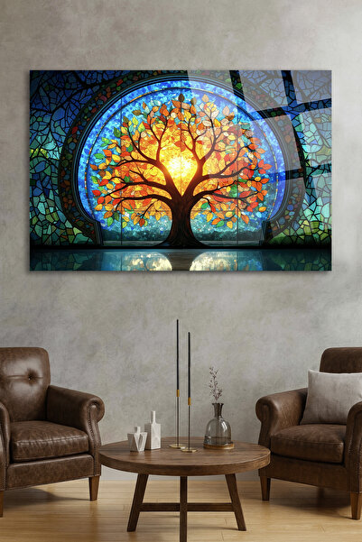 TAULART Pictură decorativă modernă pentru casă, cu detaliu de vitraliu, cu tranziție de culori curcubeu, arborele vieții, pictură din sticlă de lux, rezistentă la spargere