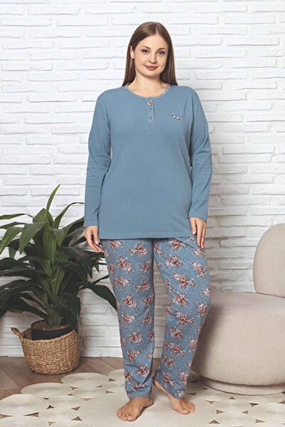 ALİMER Blue Women's Floral Pattern 3 Button Cotton Lycra Transitional Long Sl...
