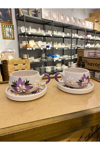 ColorCraft طقم أكواب سيراميك مصنوع يدويًا بنمط أوراق التاج الأرجواني لشخصين -...