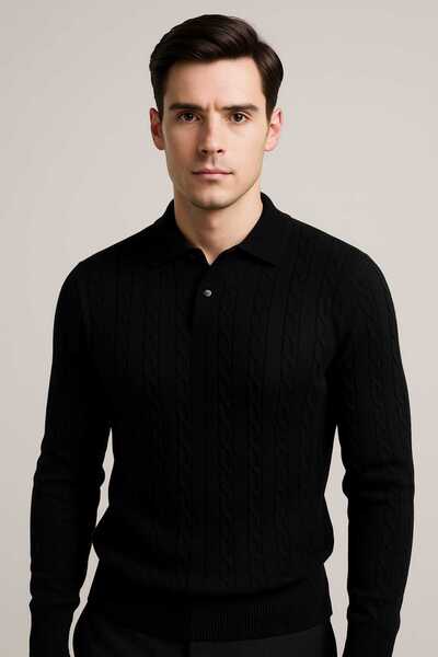 ANATOLIATEKSTILE Men's Torsade Knit Blouse – Elegant, Slim Fit Polo