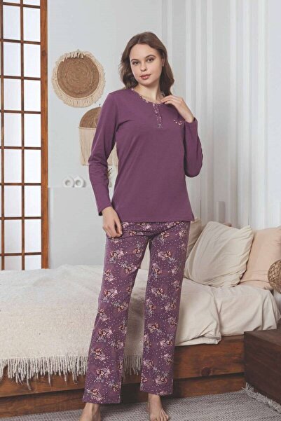 ALİMER Kadın Çiçek Desenli 3 Düğmeli Pamuk Likra Mevsimlik Uzun Kollu Pijama Takımı