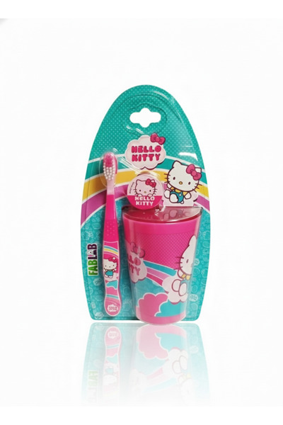 Fab lab مجموعة العناية بالفم للأطفال من هيلو كيتي: فرشاة أسنان فائقة النعومة مع غطاء صحي وكوب شطف
