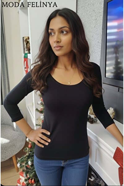 moda felinya Women's Black Color Balerine Necklace Three Quarter Sleeve (under the Elbow) Body