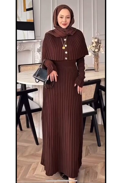 GİYSİ DÜNYASI 57 TRİKO KUMAŞ PELERİN DETAYLI BELDEN OTURTMALI TAM BOY ELBİSE