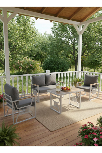 UFUK HOME Rosa 211 Masalı Açık Gri Dış Mekân Koltuk Takımı – Modern Bahçe & Balkon Seti