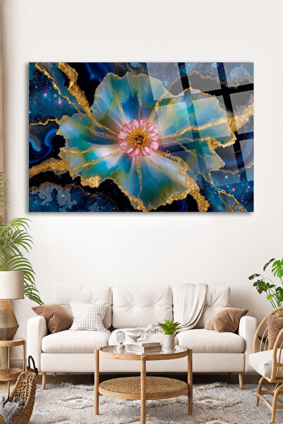 TAULART Pictură artistică cu flori turcoaz auriu cu fundal GALAXY, culori ultra vii, pictură din sticlă de lux indestructibilă