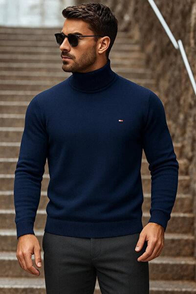 comstar Men's Winter Basic Long Turtleneck Navy Blue Sweater