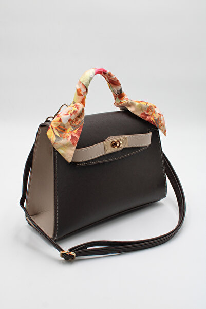 LASSO حقيبة يد وكتف نسائية من الجلد الصناعي بلون بني-بيج مع تفاصيل وشاح وإغلا...