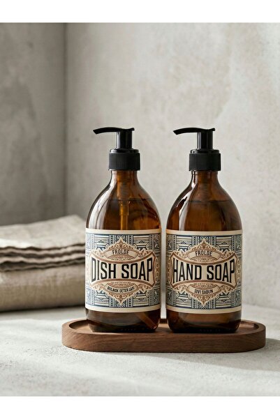 Frolde Ahşaplı 2'li Amber Cam 500 Ml Sıvı Sabun Bulaşık Deterjanı Şişesi Sıvı...