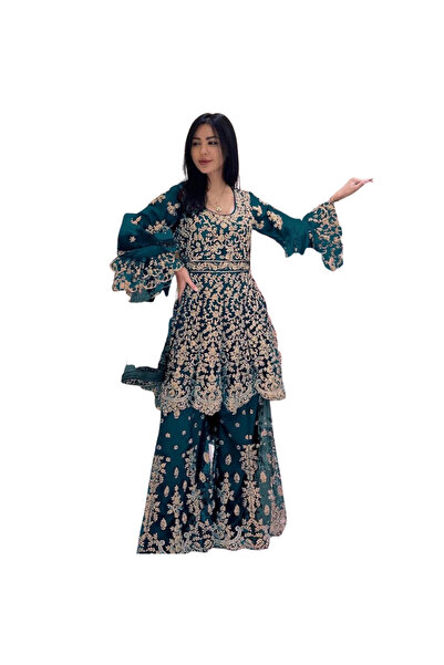 MYSMAR Blue Net Top Palazzo & Dupatta - HRT5162 | Blue