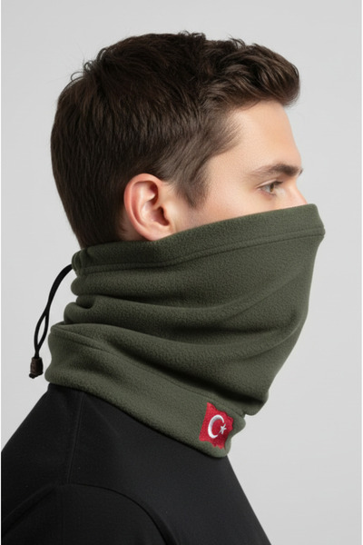balkonda Drawstring Hanging Beanie Neck Collar Functional Fleece Turkish Flag Cold Protection Unisex Khaki