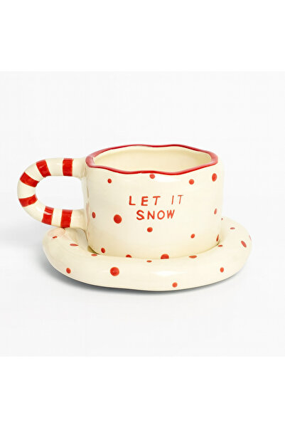 OEM Ceramic Cup and Saucer Set with Polka Dots, Hand Painted, Let it Snow