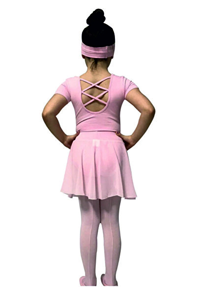 FNDBALE Pembe Kısa Kollu Sırtı Çapraz Mayo & Pembe Şifon Etek& Saç bandı