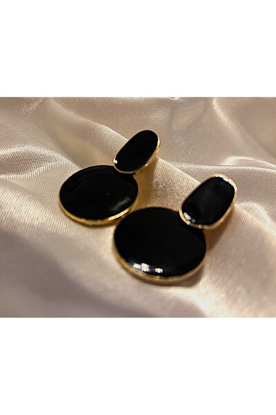 GNR Siyah Oval Sallantılı Modern Yuvarlak Küpe