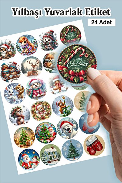 Piksel Grafik Renkli Yılbaşı Yuvarlak 24'lü Sticker Seti - Kalem, Laptop Deft...