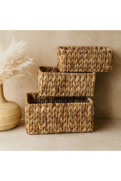 Evanev Panalı Kalın Örgü Hasır 3 Boy Organizer Sepet Seti Dikdörtgen KOD:23128