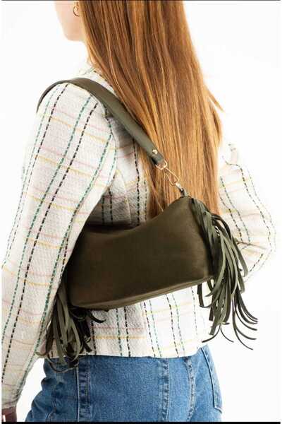 ÖZÜM TAKI Women's Suede Fringed Shoulder Bag Khaki