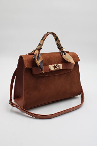 LASSO Kadın Taba Süet Fular Detaylı Kilit Kapamalı Suni Deri El, Kol ve Omuz ...