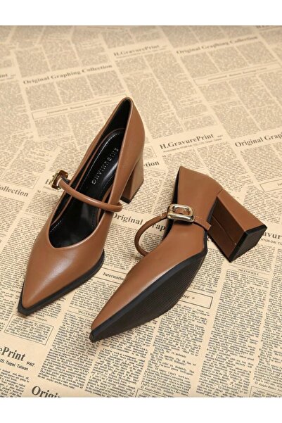 ELEVAM Pantofi de damă cu toc din piele maro cu cataramă aurie