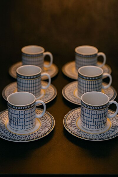 Funny Life 6 Kişilik 12 Parça Mavi Kahve Fincanı Seti - Şıklık ve Zarafetle Porselen Fincan Takım