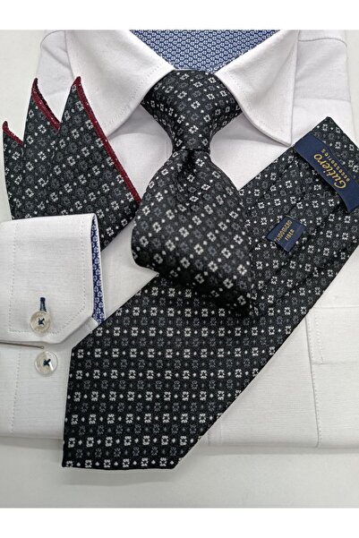 Gutiero Black Patterned Classic Tie with Handkerchief