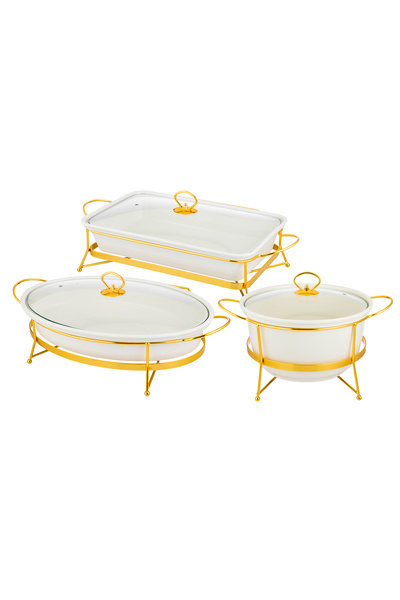 ABAREEK A 3-piece ceramic food warmer set for buffets, used to keep food warm during parties and events.