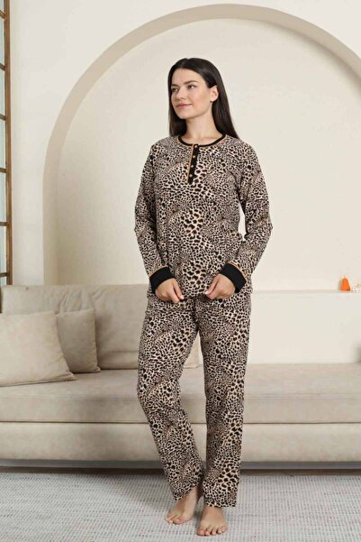 İpek Women's Long Sleeve Leopard Pattern Cotton Pajamas Set