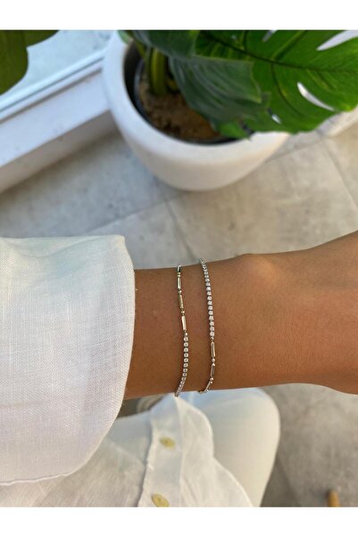 FASHION Minimal Double View Paperclip Waterway Zircon Stone Detail Silver Bra...