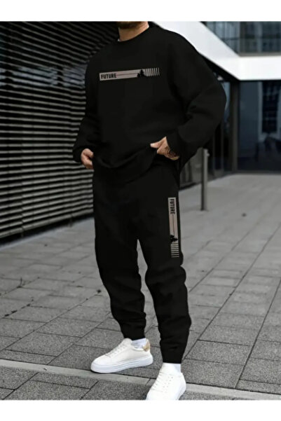 ALCİNOUS طقم بدلة رياضية للرجال باللون الأسود من Future مطبوع برقبة دائرية