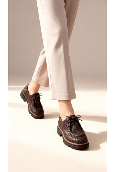 LİTTLETHİNGS Kadın Örgü Detaylı Kahverengi Günlük Loafer Ayakkabı