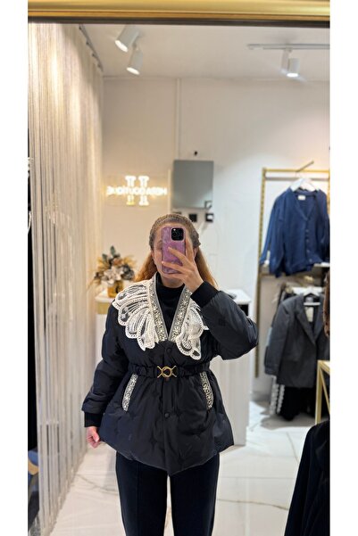 HERA Taşlı dantel yaka detay mont