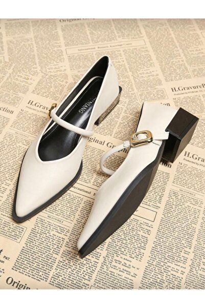 ELEVAM Gold Buckle Leather Painted Heeled Women's Shoes 4 cm