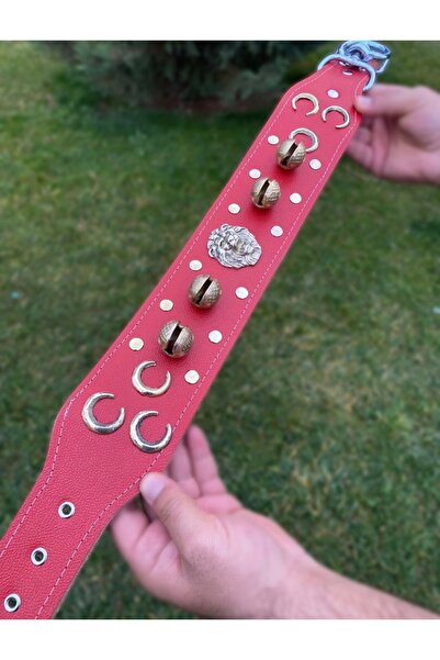 Sürmeli Tasma Kangal Dog Collar Three Rings 4 Bells Genuine Leather Red 1St C...