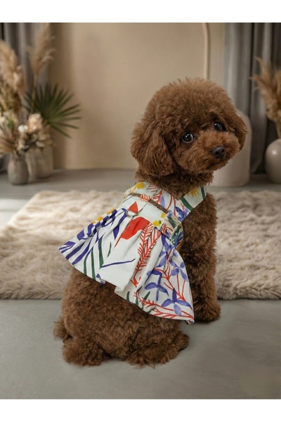 bellorsi Tropikal Desenli Kedi & Köpek Elbisesi Eteği - Premium Keten Pamuk K...